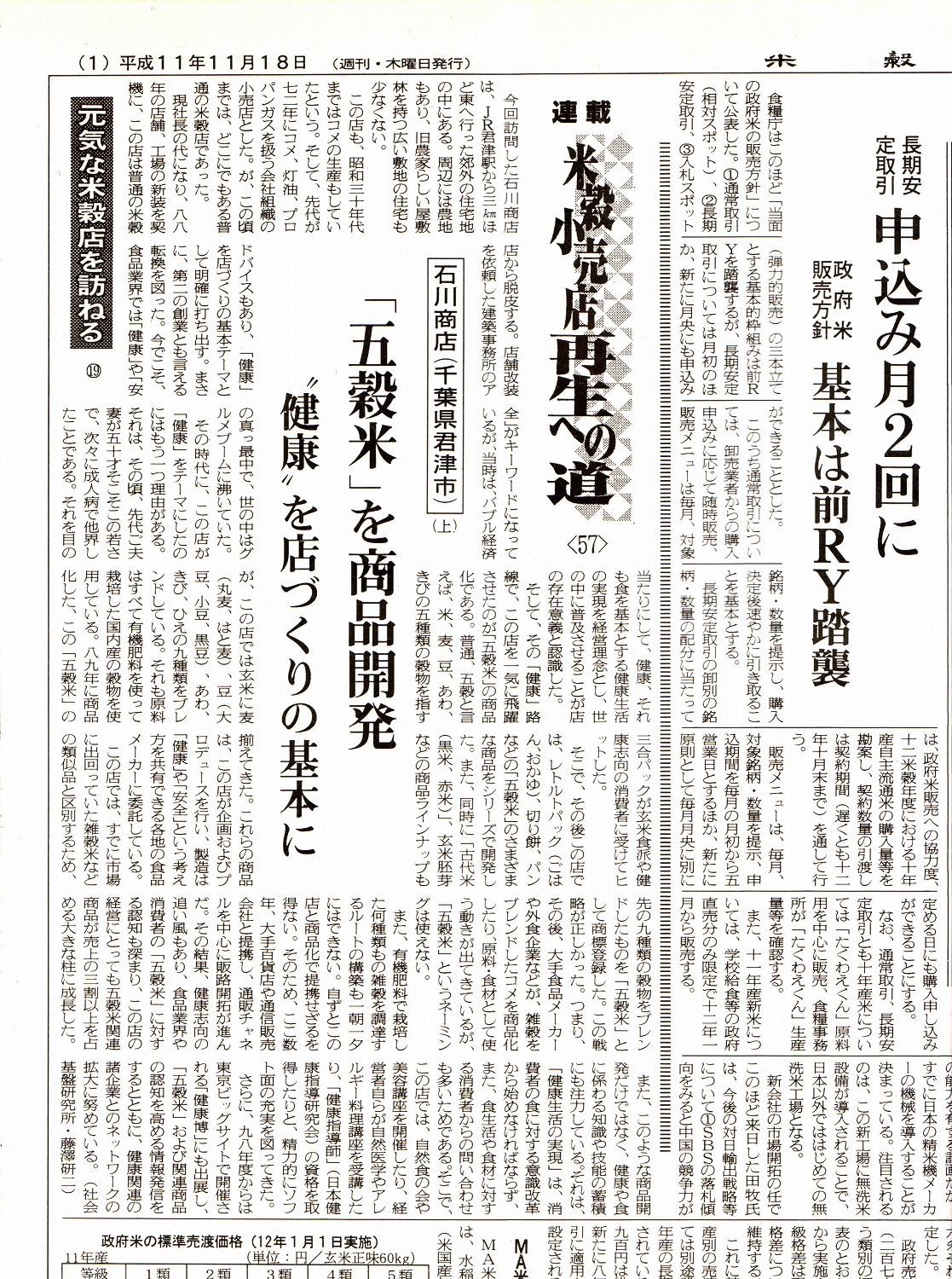 ［米穀新聞］“五穀米”を商品開発と掲載されました。